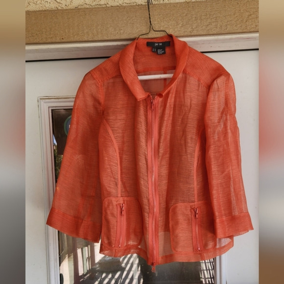 Per Se Orange coral Sheer Silk Structured‎ textured linear Jacket Zip Up - Picture 1 of 4